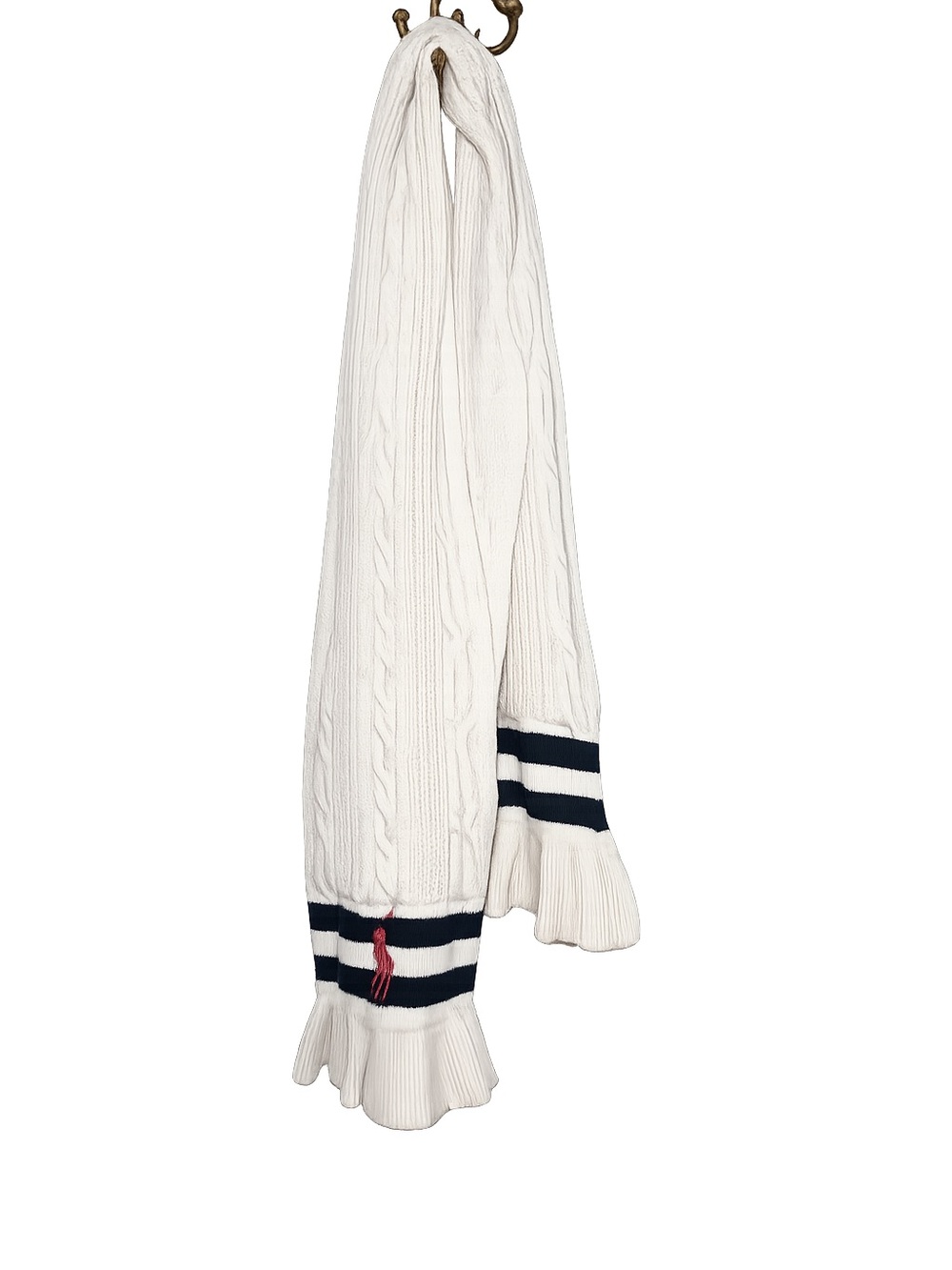 Polo Ralph Lauren Cable Knit Scarf Cream Navy Stripe Ruffle Trim Pink Pony Soft - Picture 2 of 9